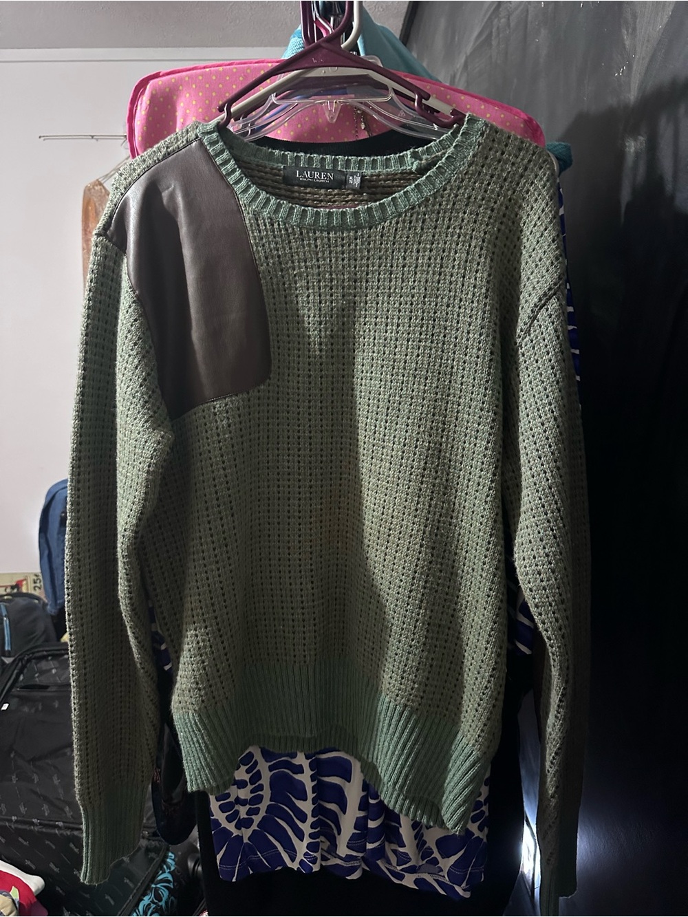 Vtg Ralph Lauren Olive Crewneck Sweater Brown Shoulder Patch and Elbow Patch - Picture 6 of 6